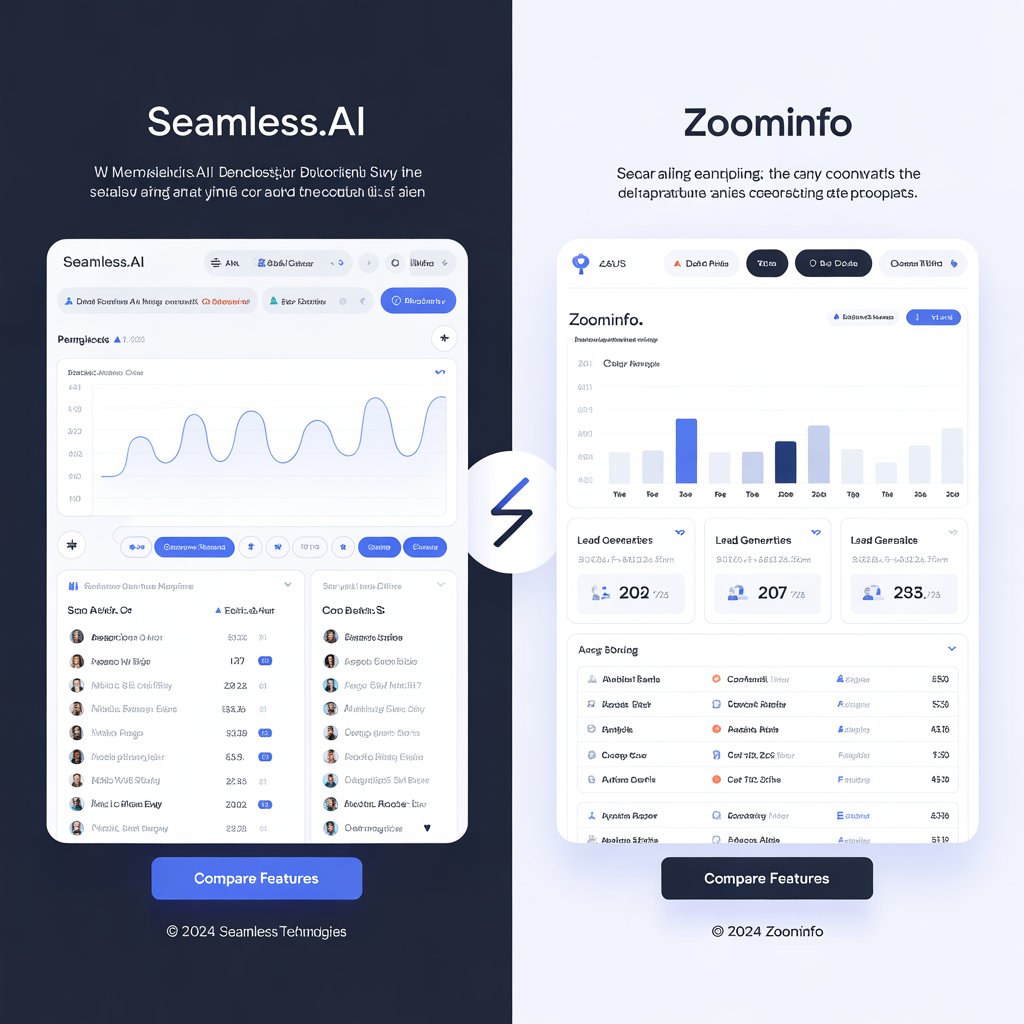 A split-screen comparison of two modern SaaS dashboards labeled ‘Seamless.ai’ and ‘ZoomInfo.’ Both sides show data analytics charts, contact lists, and lead generation metrics on sleek computer screens. The background has a tech-business vibe with blue and white tones, symbolizing a professional comparison between two leading B2B tools.